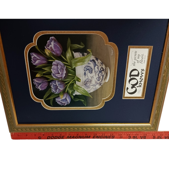 Christian Scripture Framed Picture Purple Floral Tulips Ps 44:21 Inspirational - Picture 9 of 13